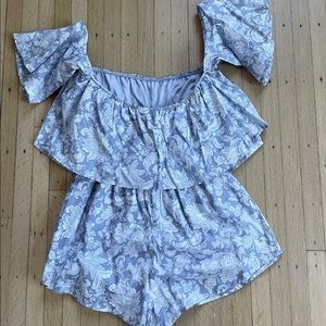 Cutest Blue and White Floral Off the Shoulder Romper - Size Small
